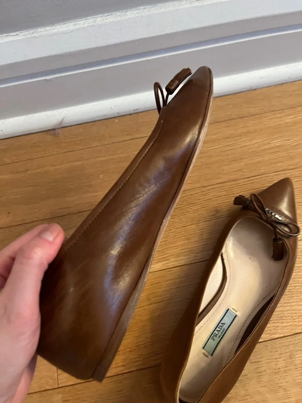 Prada Brown Pointed Toe Leather Ballet Flats with Bow - Picture 6 of 10